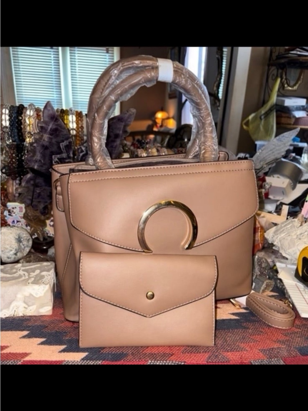 Women's Tan Structured Top-Handle Satchel with Matching Wallet